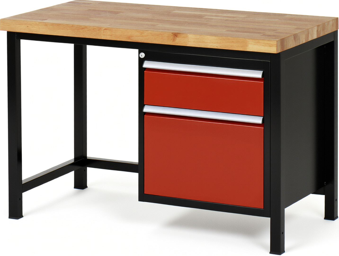 Werkbank Modell 8156 schwarz-rot, BxTxH 1250x700x840 mm,  Buche-Massiv Arbeitsplatte 40 mm,  2 Schubladen mit  Auszug 90 %