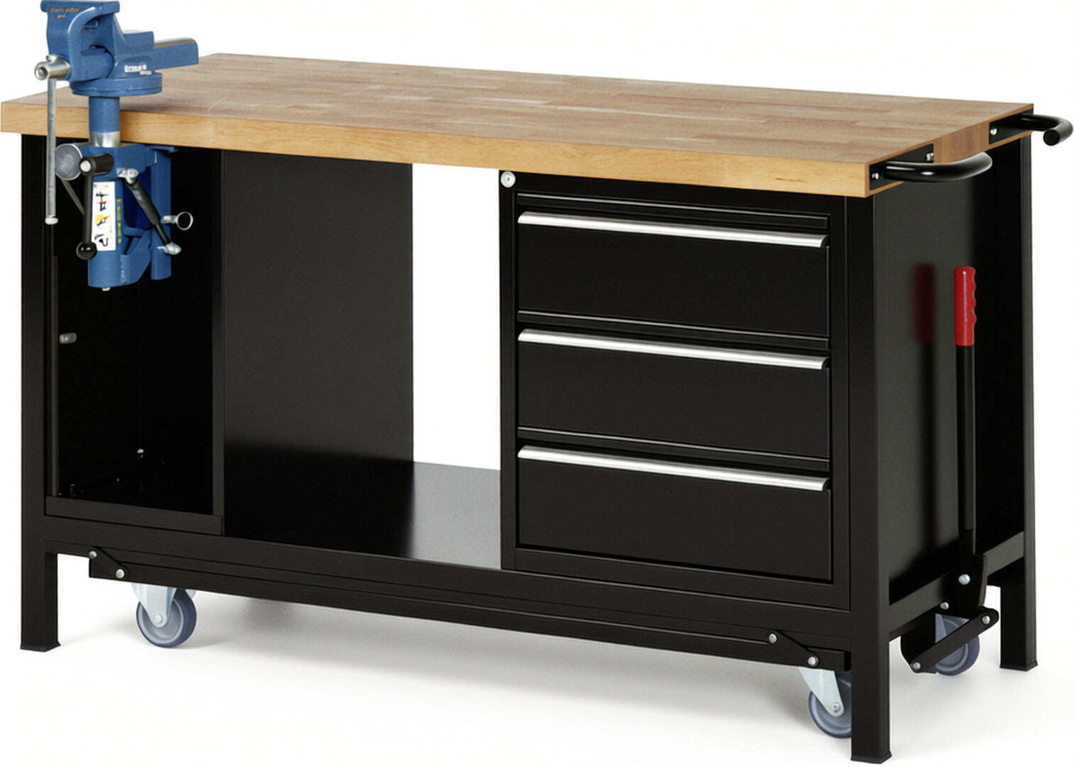 Absenkbare Werkbank - Modell 8183 BASIC schwarz, BxTxH 1500x700x880 mm,  Buche-Massiv Arbeitsplatte 40 mm,  3 Schubladen mit  Auszug 90 %