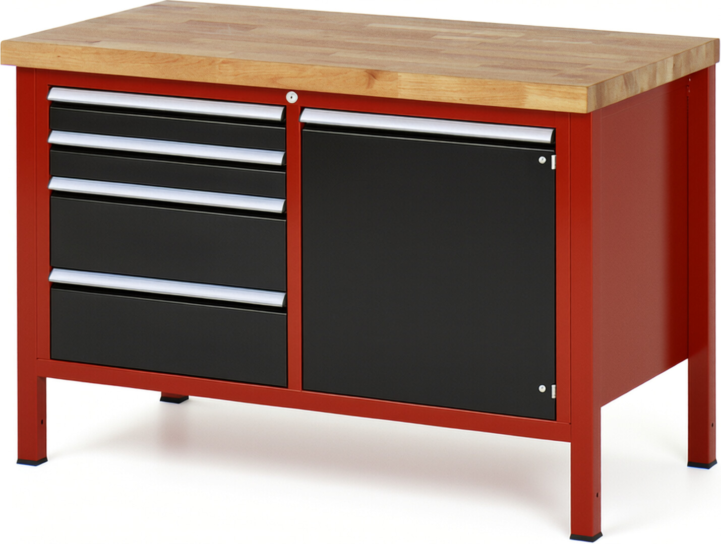 Werkbank Modell 8470 rot - schwarz, BxTxH 1250x700x840-1040 mm,  Buche-Massiv Arbeitsplatte 40 mm,  4 Schubladen mit  Auszug 90 %