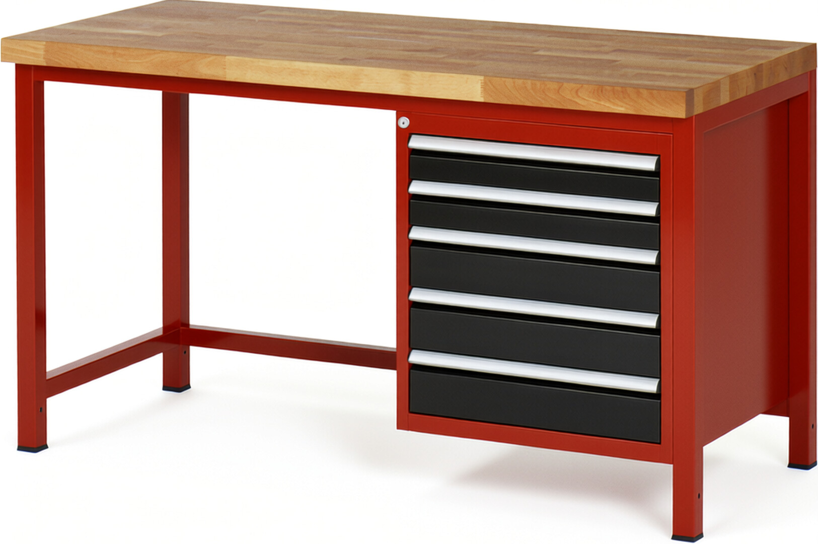 Werkbank Modell 8171 rot - schwarz, BxTxH 1500x700x840-1040 mm,  Buche-Massiv Arbeitsplatte 40 mm,  5 Schubladen mit  Auszug 90 %