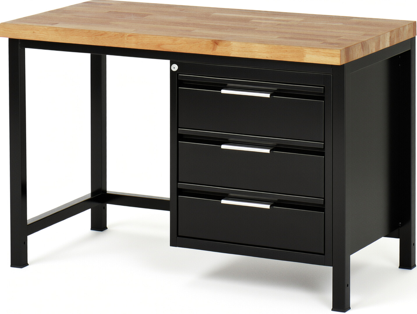 Werkbank schwarz, BxTxH 1250x700x840-1040 mm, Platte Buche 40 mm, 6 Schubladen: 3x90 mm, 3x150 mm, RAL 9011/9011