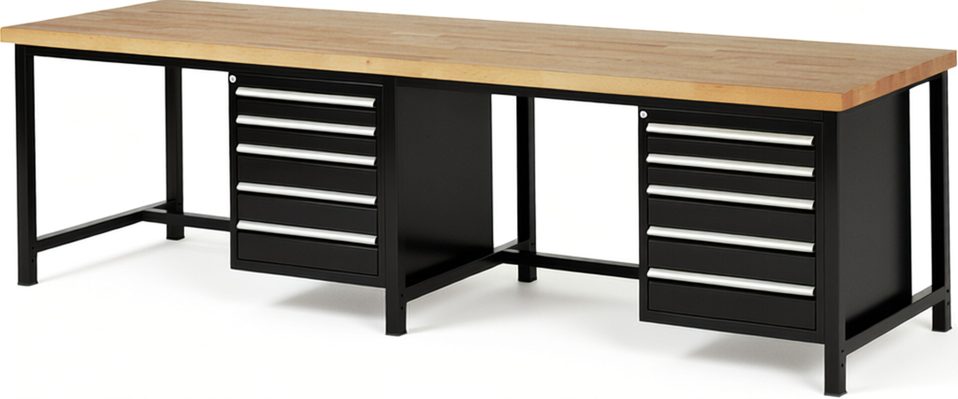 Werkbank Modell 8171 schwarz, BxTxH 3000x900x840 mm,  Buche-Massiv Arbeitsplatte 40 mm,  10 Schubladen mit  Auszug 90 %