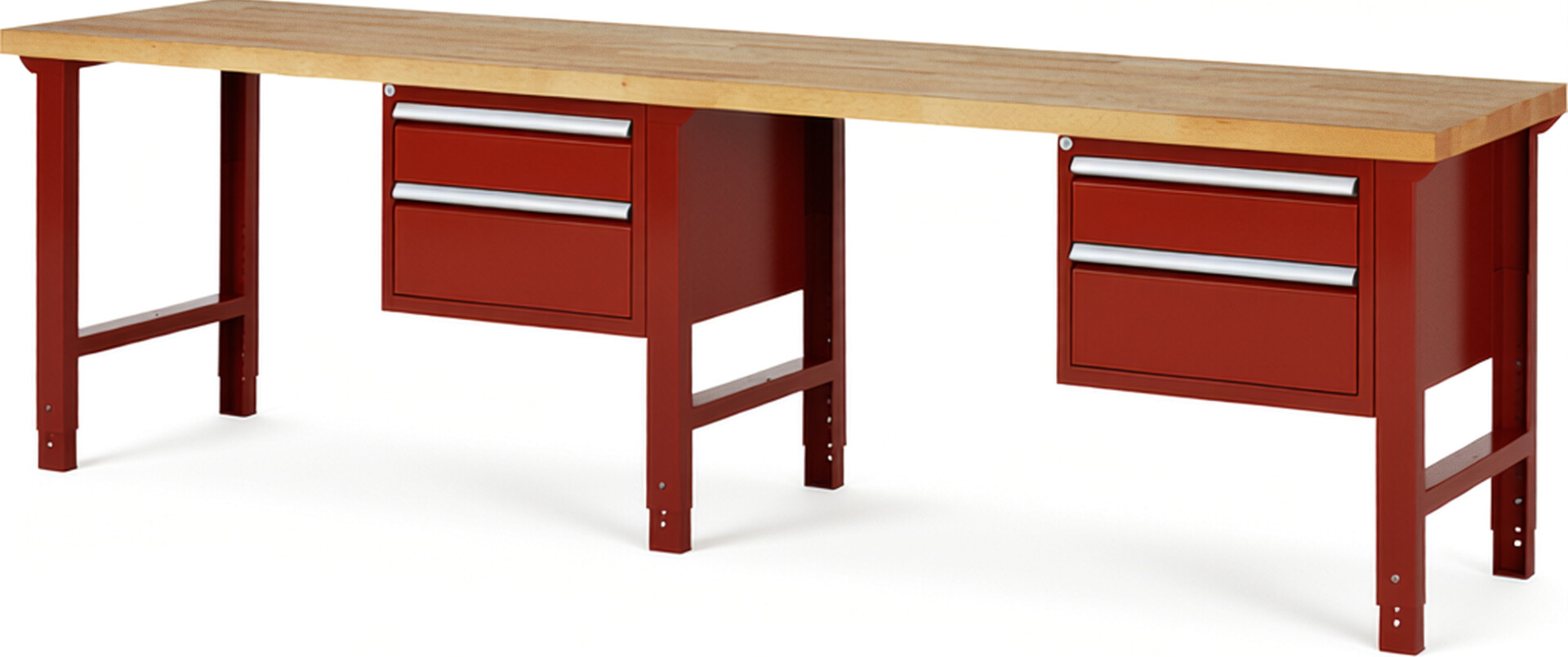 Werkbank Modell 7123 rot, BxTxH 3000x700x790-1140 mm,  Buche-Massiv Arbeitsplatte 40 mm,  4 Schubladen mit  Auszug 90 %