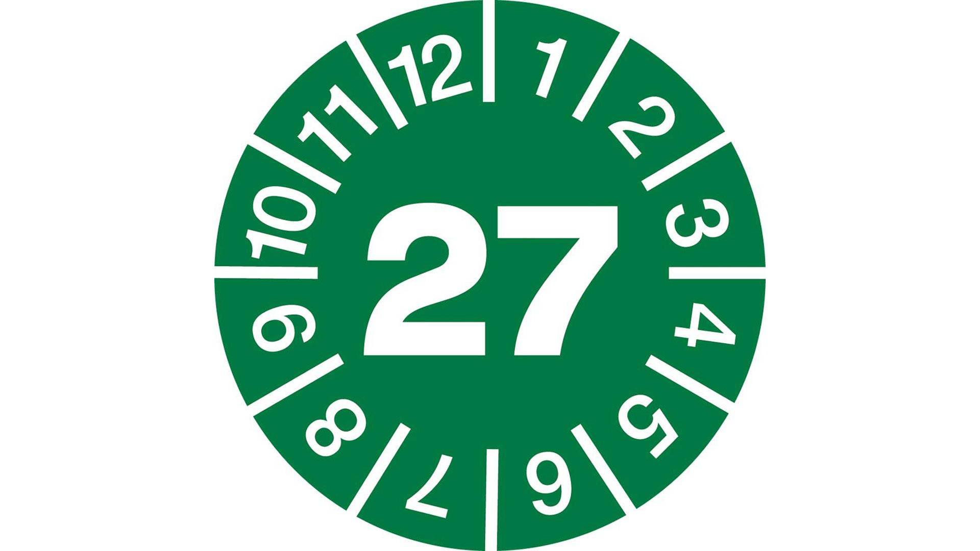 Hinweisschild, Plakette, grün, Jahr 2027, PVC-Folie, Durchm. 15 mm, VE 10 Stück, Mindestabnahme 10 VE