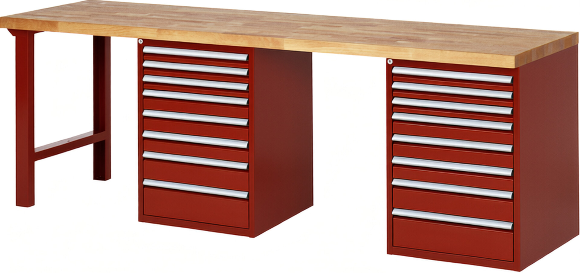 RAU Werkbank rot - Breite 250 cm - Tiefe 70 cm - Höhe 89 cm - Buche-Massiv Arbeitsplatte 40 mm