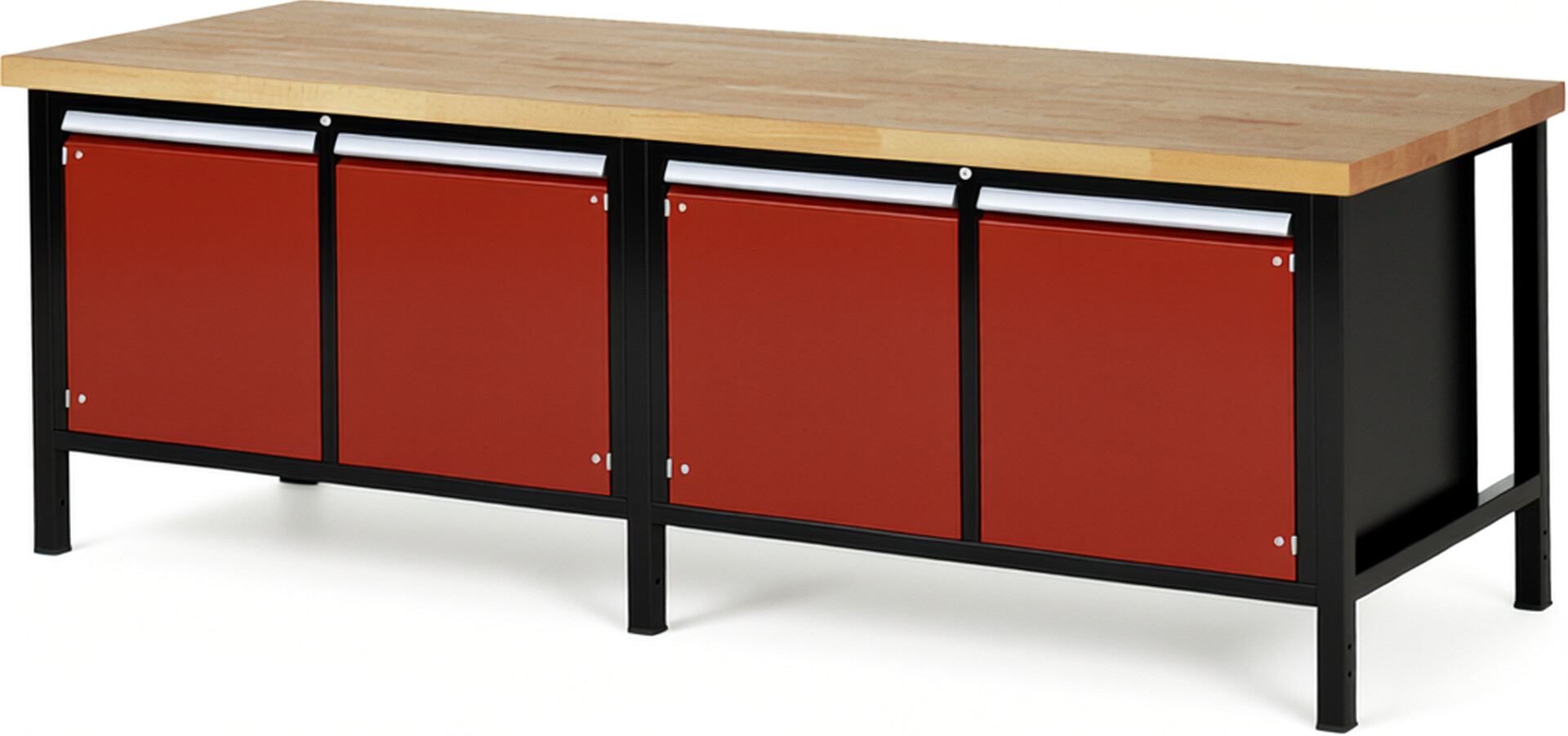RAU Werkbank schwarz - rot - Breite 250 cm - Tiefe 90 cm - Höhe 104 cm - Buche-Massiv Arbeitsplatte 40 mm
