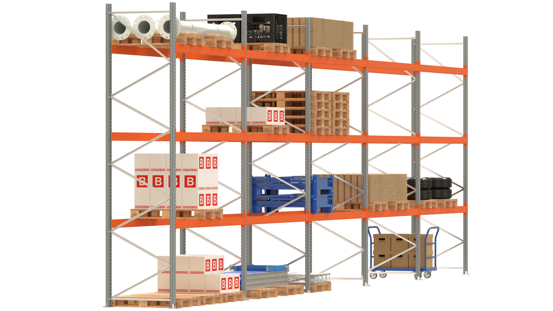 Palettenregal ARTUS - Breite 1401 cm - Höhe 450 cm - Tiefe 110 cm - 3 Träger-Ebenen - Fachlast 3000 kg - 60 Palettenstellplätze