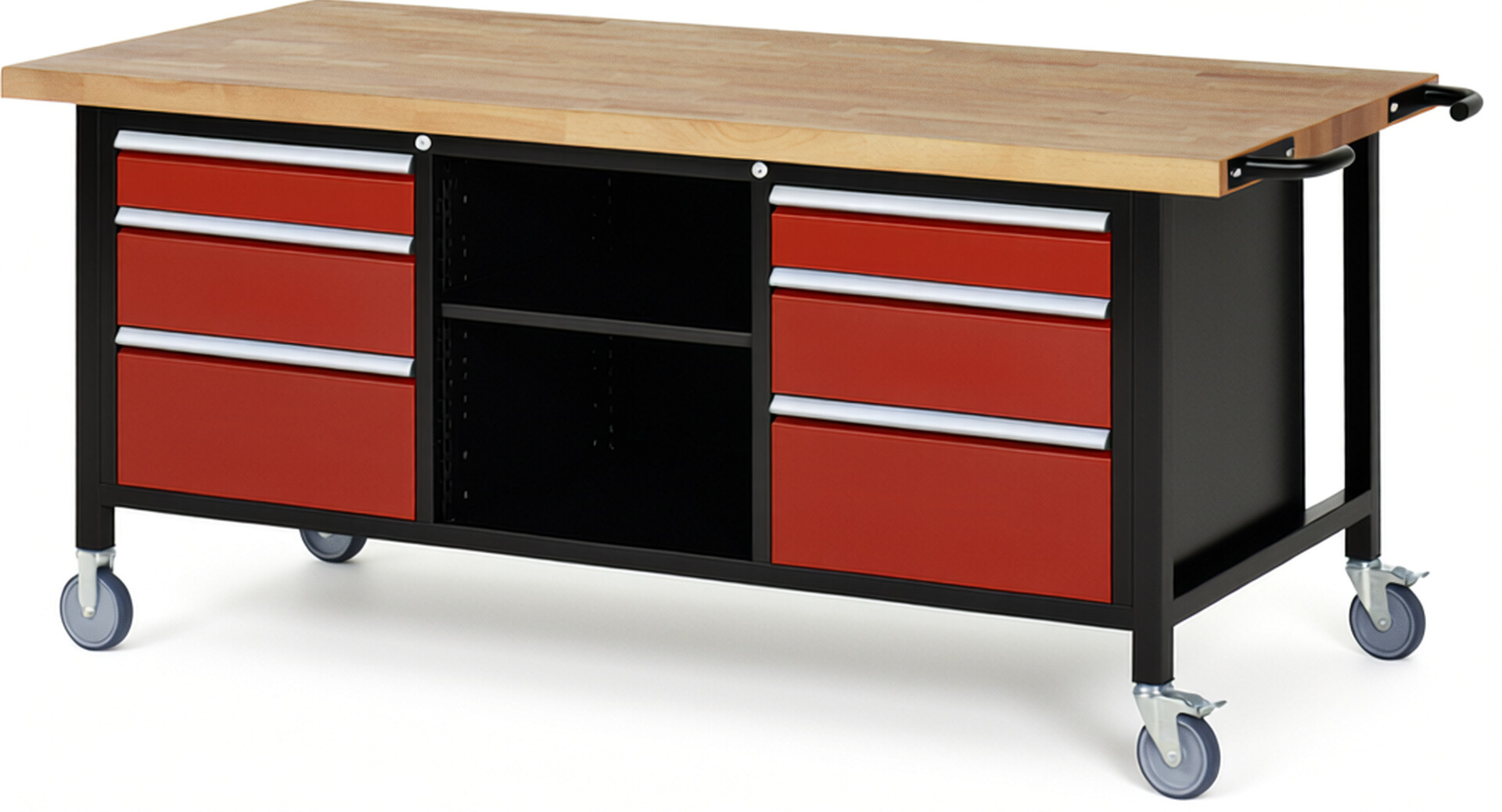Fahrbare Werkbank Modell 8564 schwarz-rot, BxTxH 2000x900x880-1080 mm,  Buche-Massiv Arbeitsplatte 40 mm,  6 Schubladen mit  Vollauszug 100 % und  SoftClosing