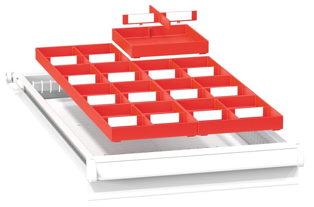 Einteilungsmaterial-Set, 28 Kästen, 153x153x25 mm, 28 große Trenneinsätze, 56 kleine Trenneinsätze, für FH 75 mm,  für Schublade BxT 1190x780 mm