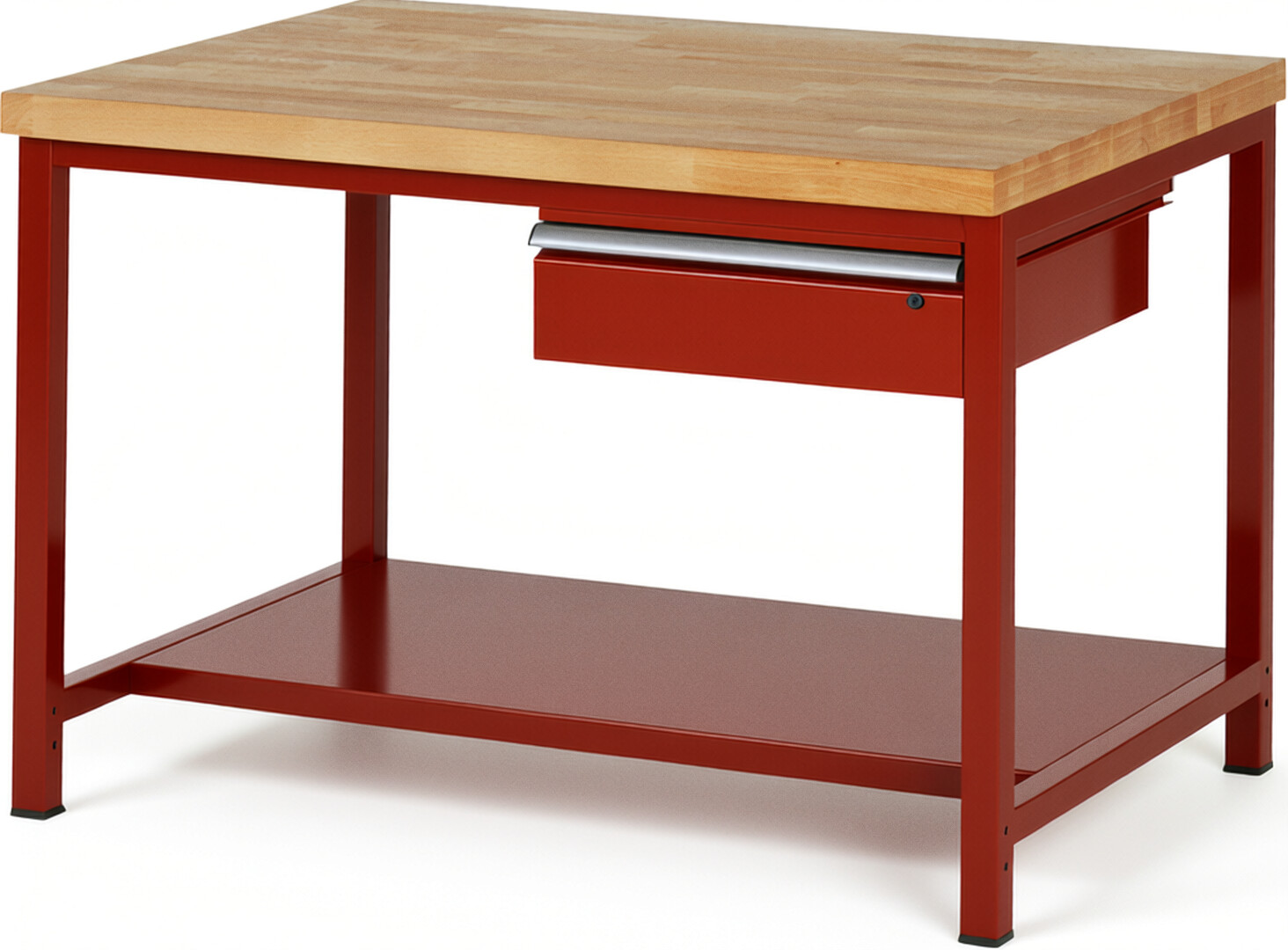 Werkbank Modell 8001 rot, BxTxH 1250x900x840-1040 mm,  Buche-Massiv Arbeitsplatte 40 mm,  1 Schublade mit  Auszug 90 %