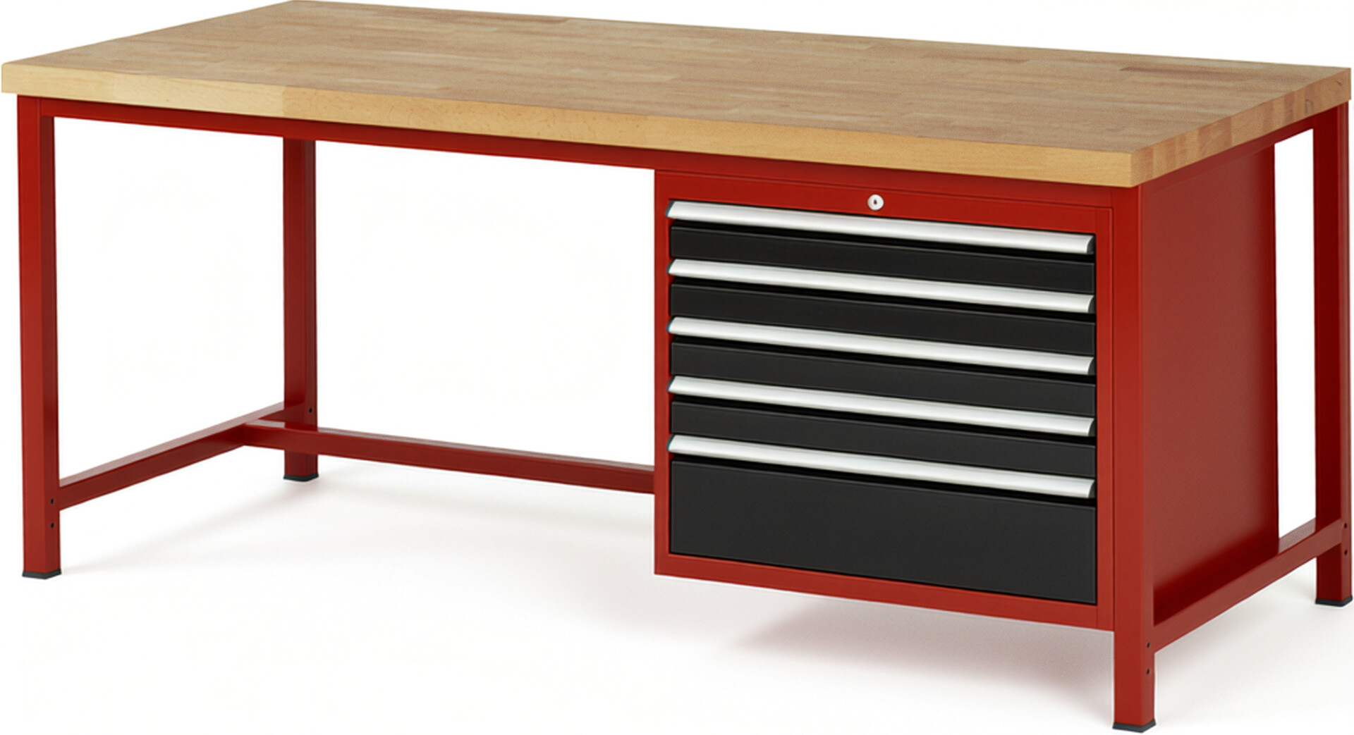 Werkbank Modell 8268 rot - schwarz, BxTxH 2000x900x840-1040 mm,  Buche-Massiv Arbeitsplatte 40 mm,  5 Schubladen mit  Auszug 90 %