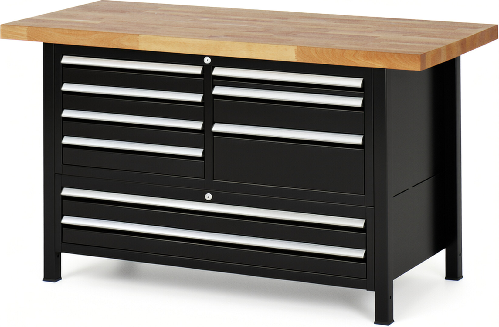 RAU Werkbank schwarz - Breite 150 cm - Tiefe 70 cm - Höhe 104 cm - Buche-Massiv Arbeitsplatte 40 mm