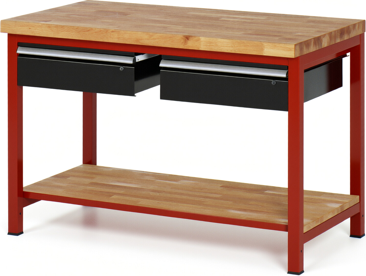 RAU Werkbank rot - schwarz - Breite 125 cm - Tiefe 70 cm - Höhe 104 cm - Buche-Massiv Arbeitsplatte 40 mm