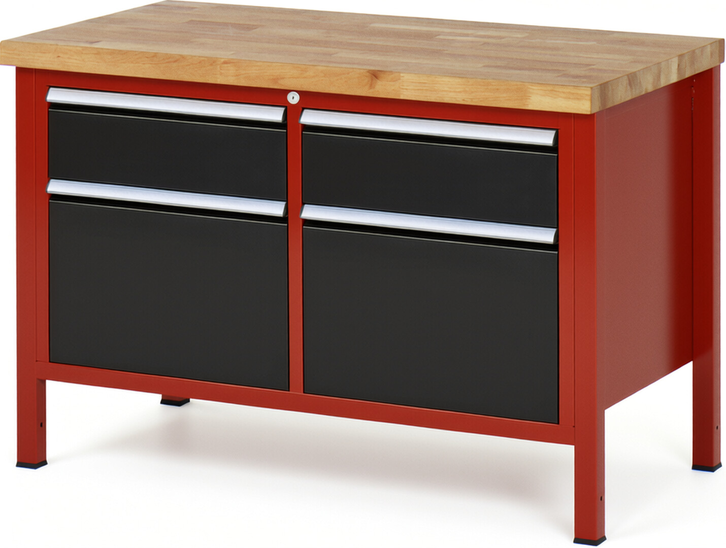 Werkbank Modell 8471 rot - schwarz, BxTxH 1250x700x840 mm,  Buche-Massiv Arbeitsplatte 40 mm,  4 Schubladen mit  Vollauszug 100 % und  SoftClosing
