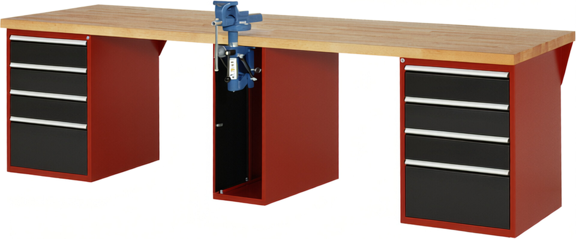 Werkbank Modell 7510 rot - schwarz, BxTxH 3000x900x890 mm,  Buche-Massiv Arbeitsplatte 40 mm,  8 Schubladen mit  Vollauszug 100 % und  SoftClosing