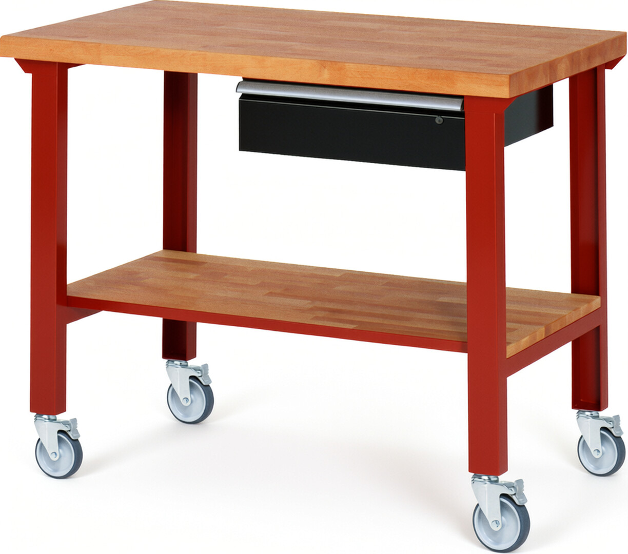 Fahrbare Werkbank Modell 7001 rot - schwarz, BxTxH 1250x700x1000 mm,  Buche-Massiv Arbeitsplatte 40 mm,  1 Schublade mit  Auszug 90 %