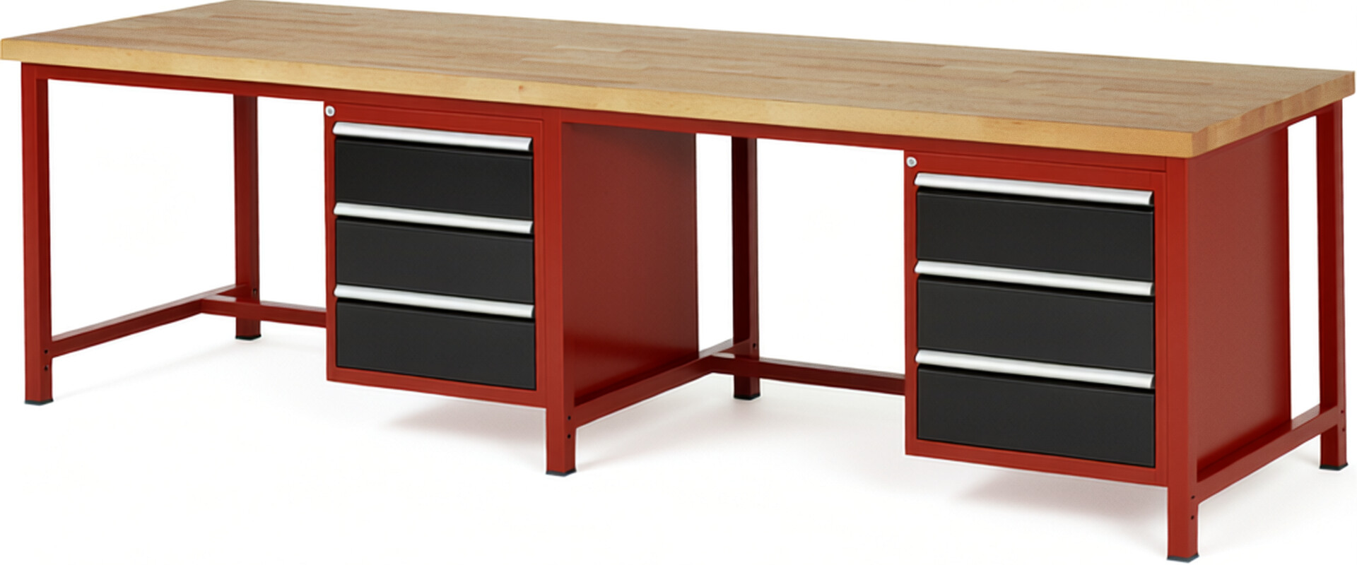 Werkbank Modell 8157 rot - schwarz, BxTxH 3000x900x840 mm,  Buche-Massiv Arbeitsplatte 40 mm,  6 Schubladen mit  Vollauszug 100 % und  SoftClosing