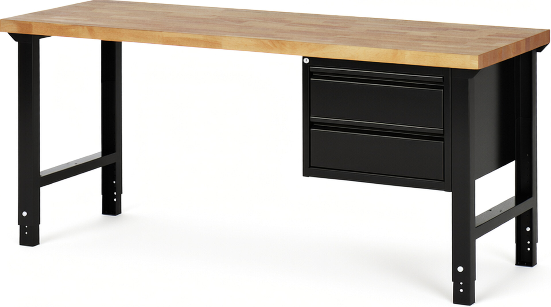 Werkbank schwarz, BxTxH 2000x700x790-1140 mm, Platte Buche 40 mm 40 mm, 2 Schubladen 180 mm, RAL 9011/9011
