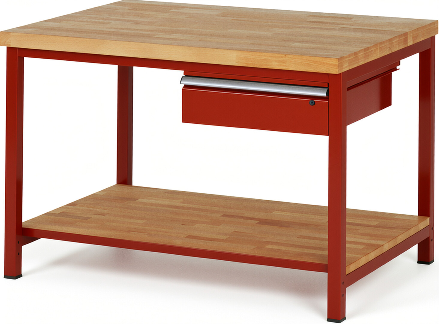 Werkbank Modell 8001 rot, BxTxH 1250x900x840-1040 mm,  Buche-Massiv Arbeitsplatte 40 mm,  1 Schublade mit  Auszug 90 %