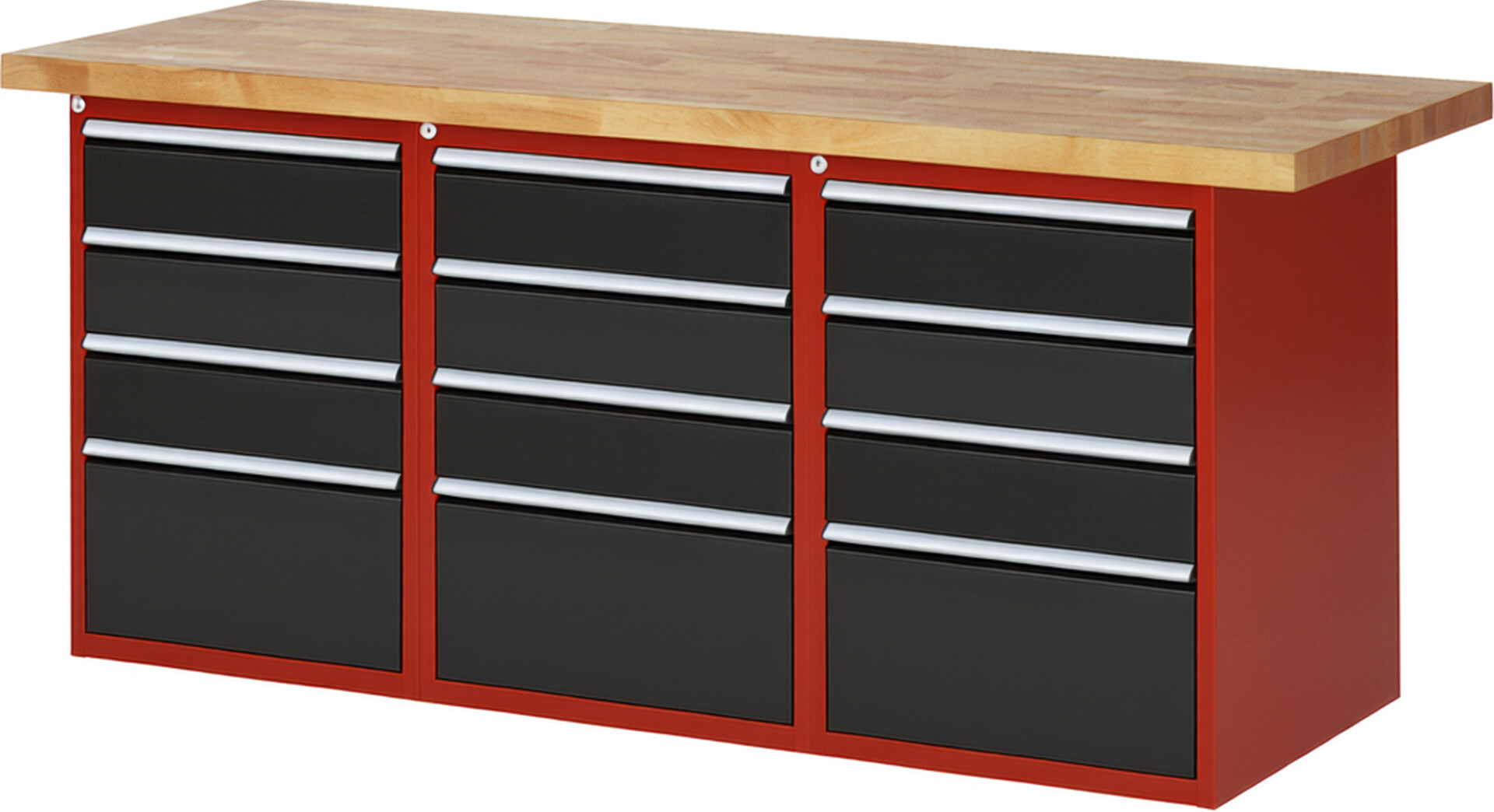 Werkbank Modell 7510 rot - schwarz, BxTxH 2000x700x840 mm,  Buche-Massiv Arbeitsplatte 40 mm,  12 Schubladen mit  Auszug 90 %