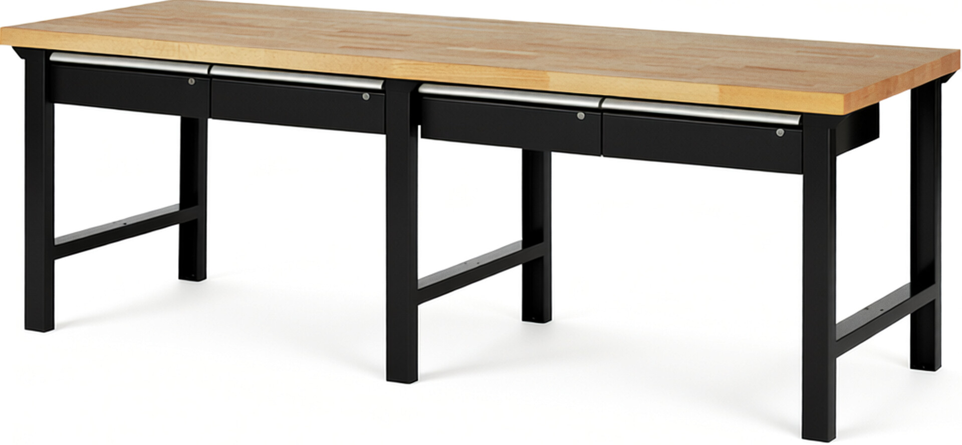 Werkbank Modell 7002 schwarz, BxTxH 2500x900x840 mm,  Buche-Massiv Arbeitsplatte 40 mm,  4 Schubladen mit  Auszug 90 %