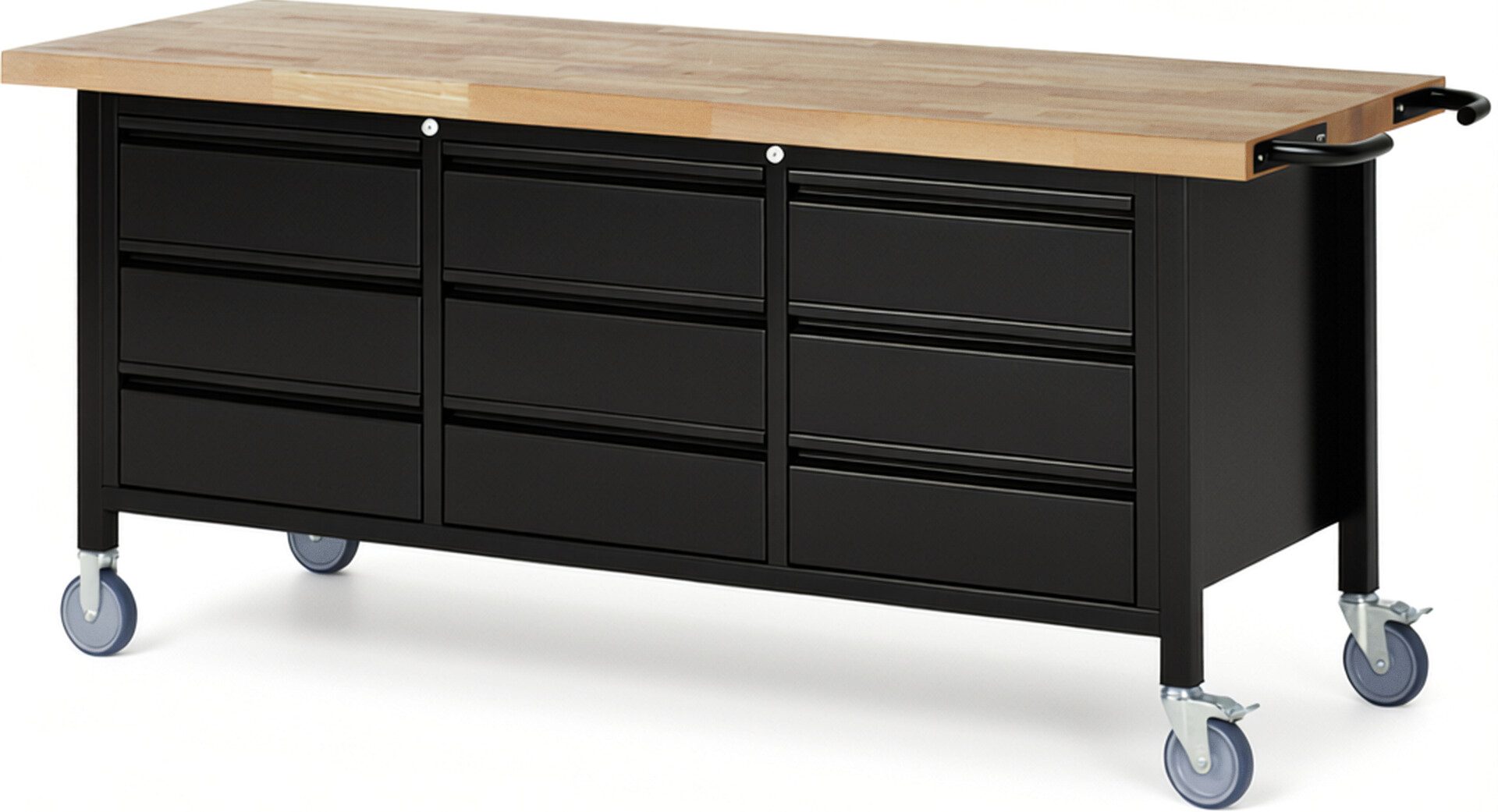 Fahrbare Werkbank - Modell 8574 BASIC schwarz, BxTxH 2000x700x880 mm,  Buche-Massiv Arbeitsplatte 40 mm,  9 Schubladen mit  Auszug 90 %