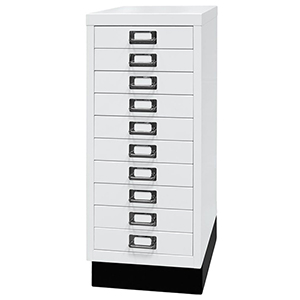 Schubladenschrank aus Stahl, BxTxH 279x380x670 mm, 10 Schubladen 51 mm, DIN A4, Sockel 80 mm hoch, verkehrsweiß