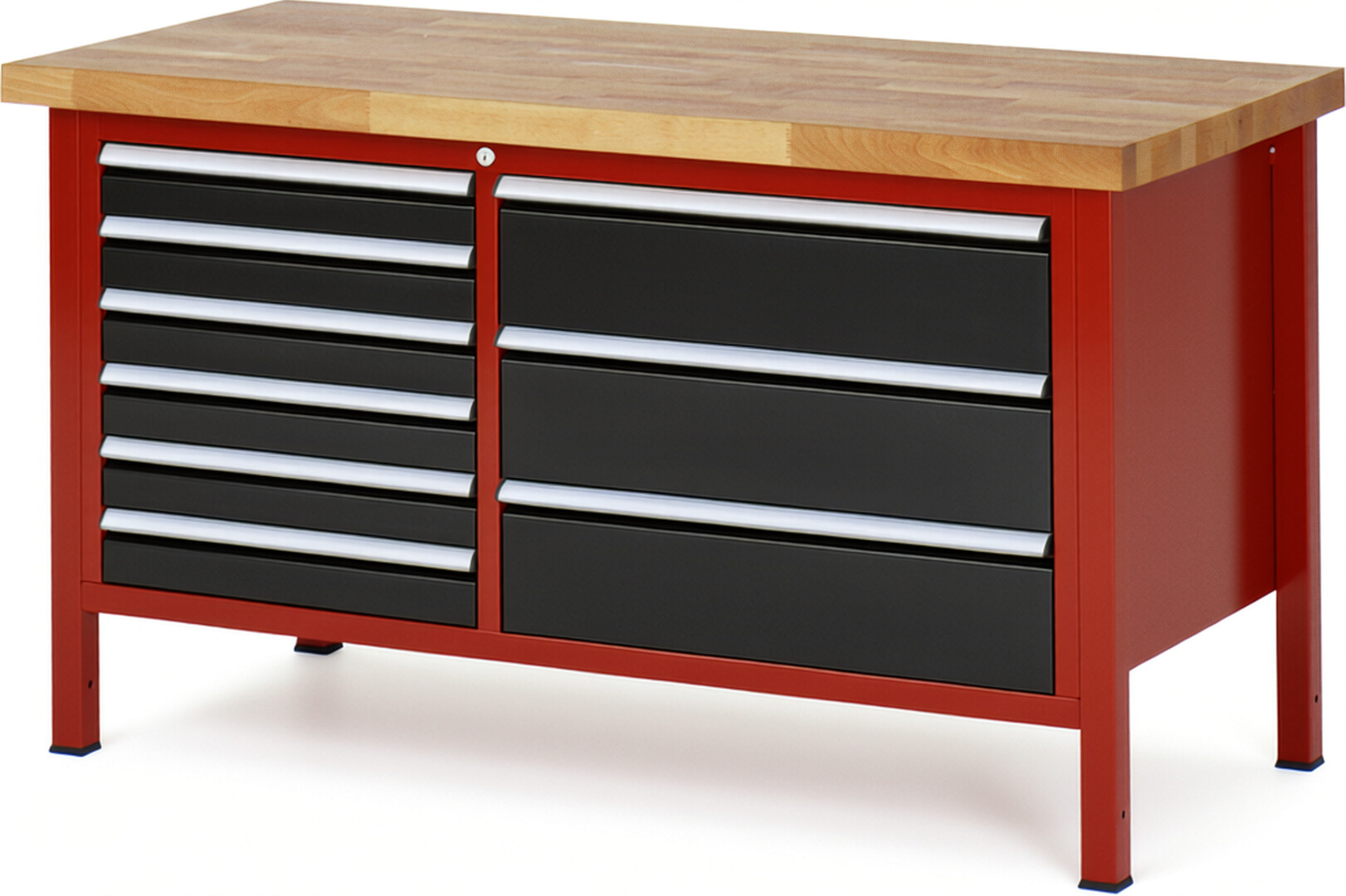 Werkbank Modell 8653 rot - schwarz, BxTxH 1500x700x840 mm,  Buche-Massiv Arbeitsplatte 40 mm,  9 Schubladen mit  Vollauszug 100 % und  SoftClosing