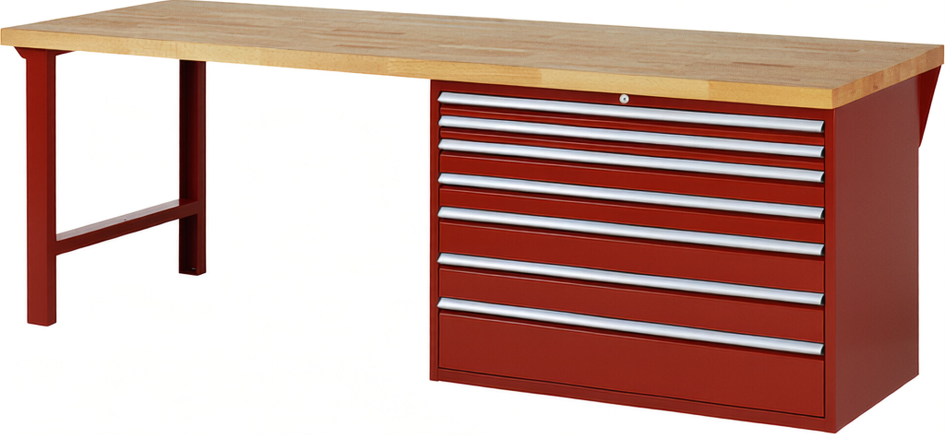 RAU Werkbank rot - Breite 250 cm - Tiefe 90 cm - Höhe 84 cm - Buche-Massiv Arbeitsplatte 40 mm