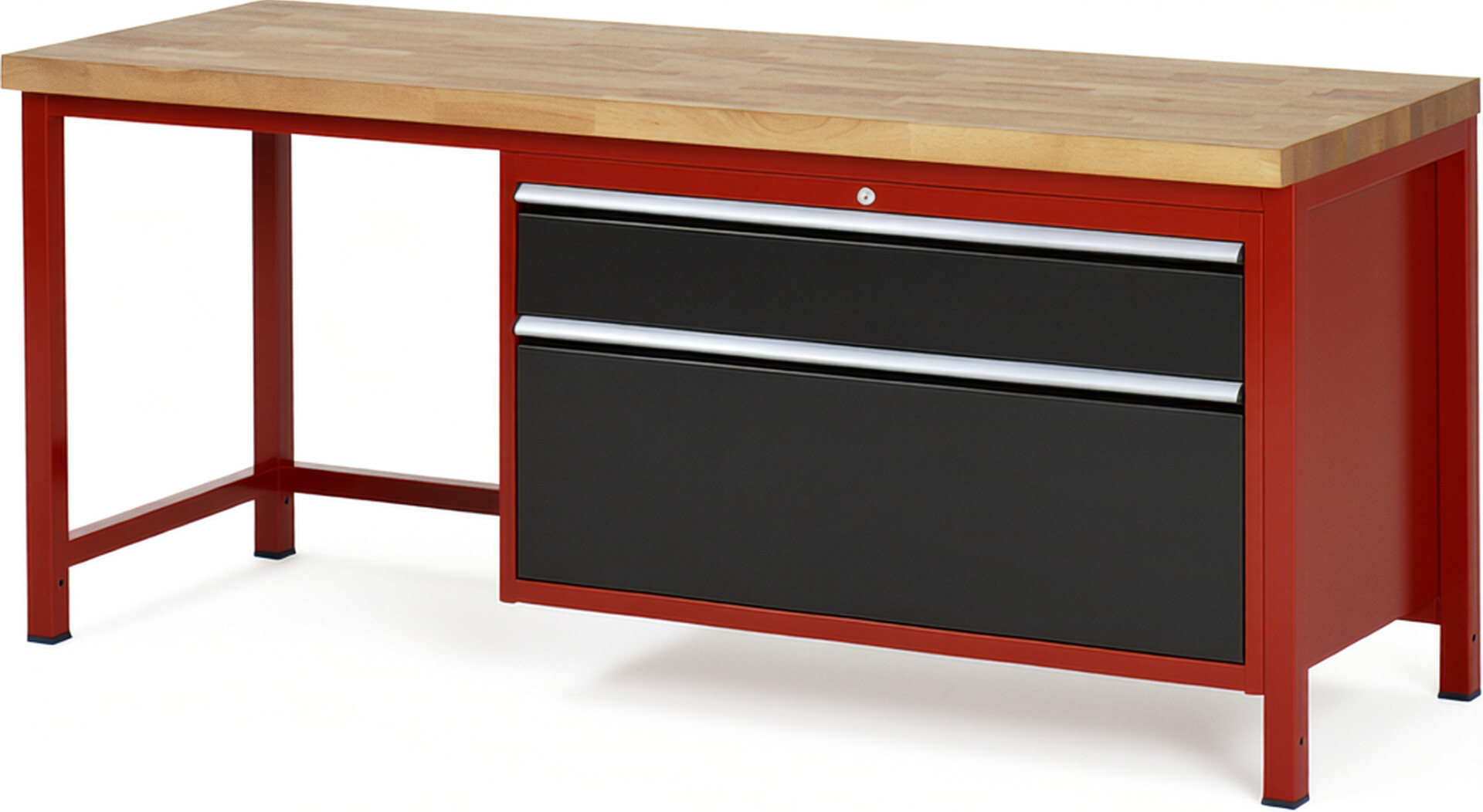 Werkbank Modell 8356 rot - schwarz, BxTxH 2000x700x840 mm,  Buche-Massiv Arbeitsplatte 40 mm,  2 Schubladen mit  Vollauszug 100 % und  SoftClosing