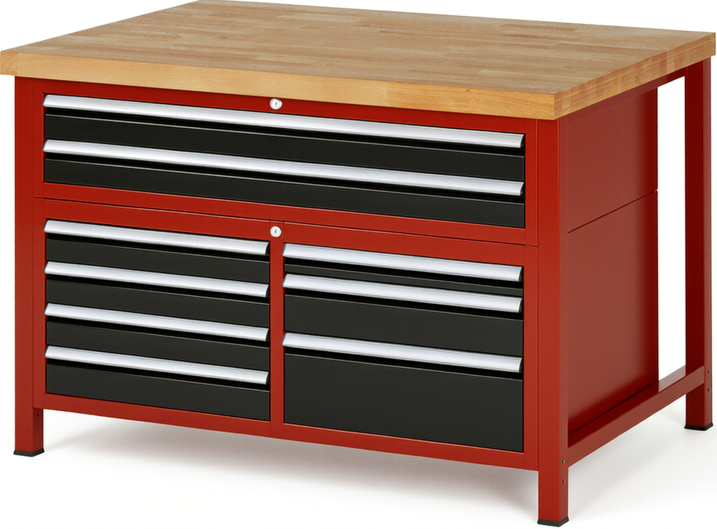 Werkbank Modell 8923 rot - schwarz, BxTxH 1250x900x840-1040 mm,  Buche-Massiv Arbeitsplatte 40 mm,  9 Schubladen mit  Vollauszug 100 % und  SoftClosing