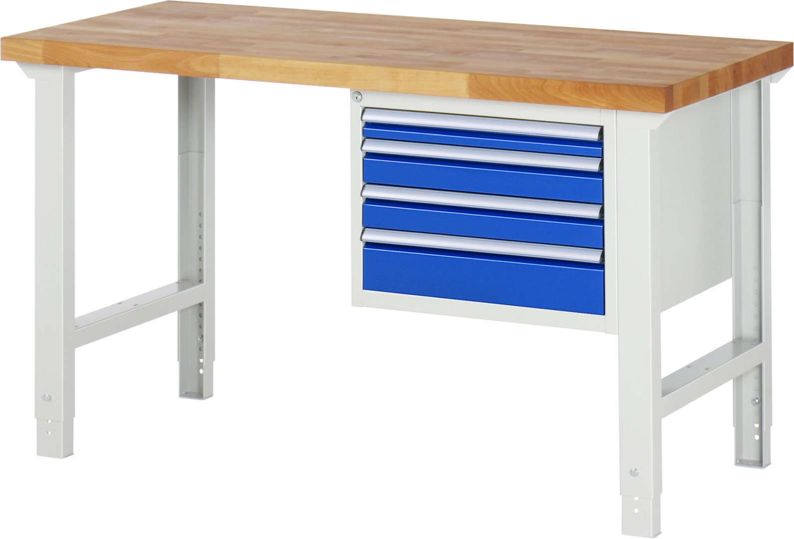 Werkbank Modell 7132 schwarz, BxTxH 1500x700x790-1140 mm,  Buche-Massiv Arbeitsplatte 40 mm,  4 Schubladen mit  Vollauszug 100 % und  SoftClosing