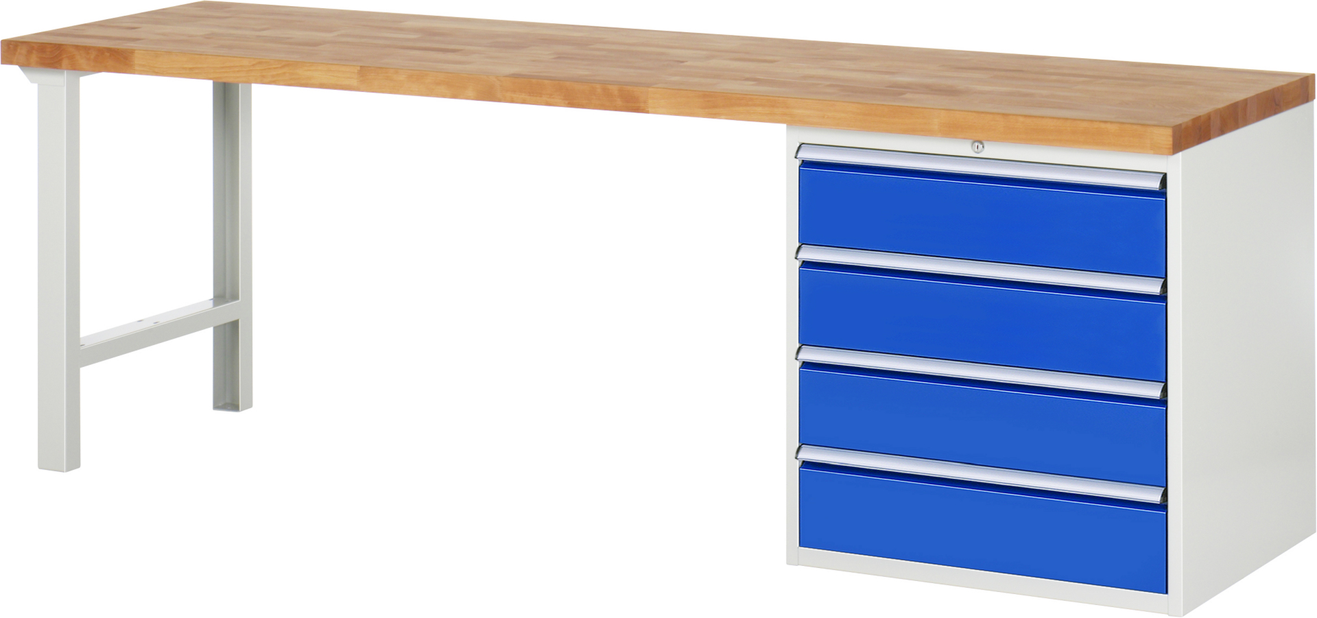 Werkbank Modell 7609,  BxTxH 2500x700x840 mm,  Buche-Massiv Arbeitsplatte 40 mm,  4 Schubladen mit  Vollauszug 100 % und  SoftClosing