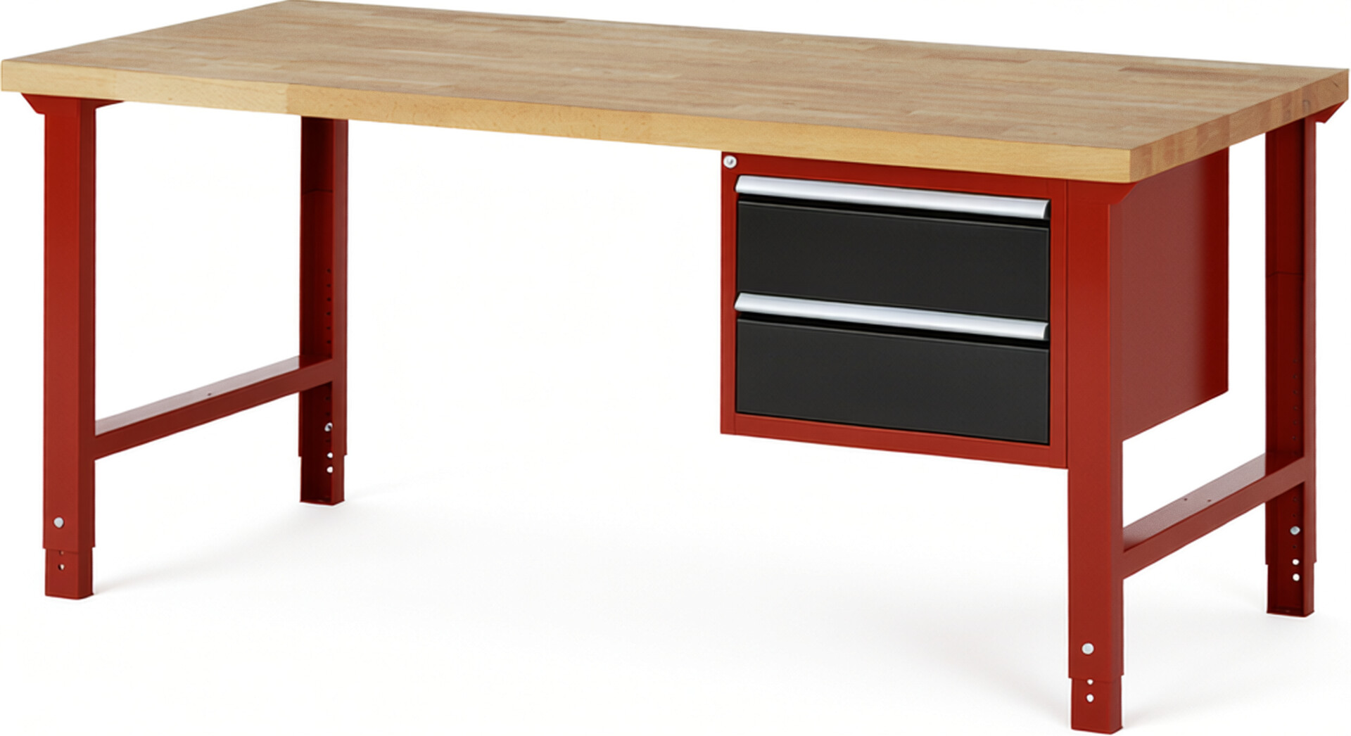 Werkbank Modell 7125 rot - schwarz, BxTxH 2000x900x790-1140 mm,  Buche-Massiv Arbeitsplatte 40 mm,  2 Schubladen mit  Vollauszug 100 % und  SoftClosing