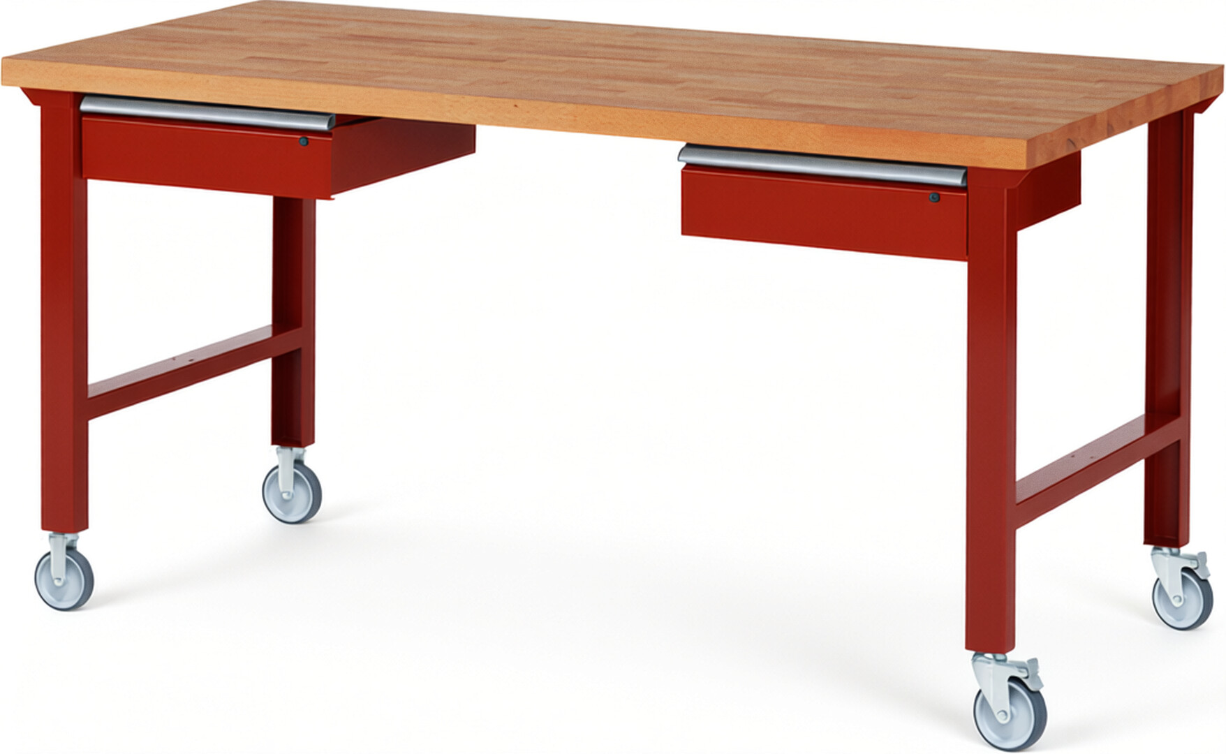 Fahrbare Werkbank Modell 7002 rot, BxTxH 2000x900x1000 mm,  Buche-Massiv Arbeitsplatte 40 mm,  2 Schubladen mit  Auszug 90 %