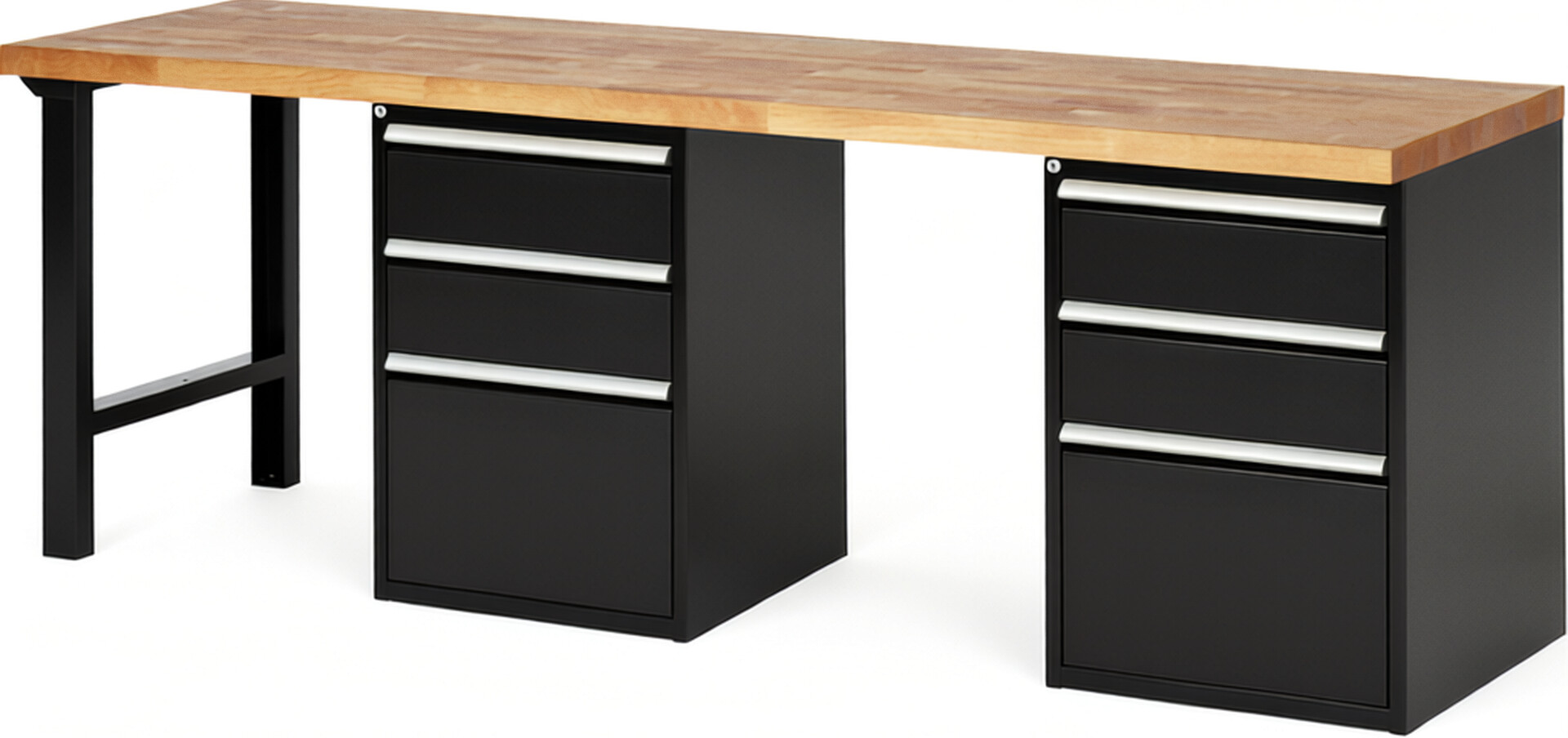 Werkbank Modell 7507 schwarz, BxTxH 2500x700x890 mm,  Buche-Massiv Arbeitsplatte 40 mm,  6 Schubladen mit  Auszug 90 %