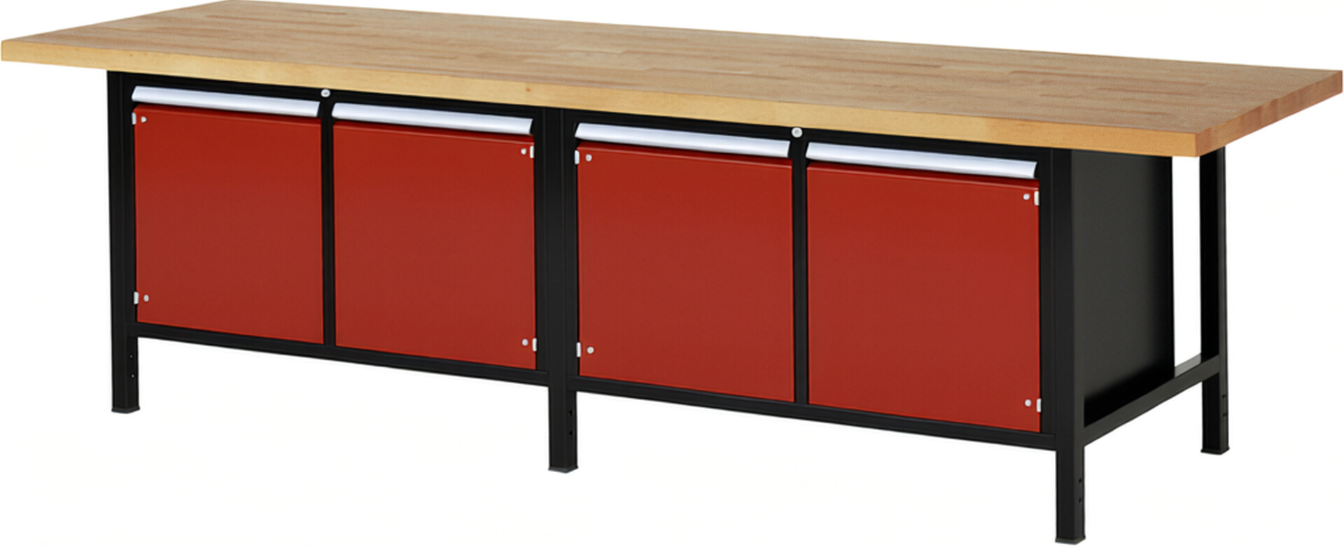 RAU Werkbank schwarz - rot - Breite 300 cm - Tiefe 90 cm - Höhe 104 cm - Buche-Massiv Arbeitsplatte 40 mm
