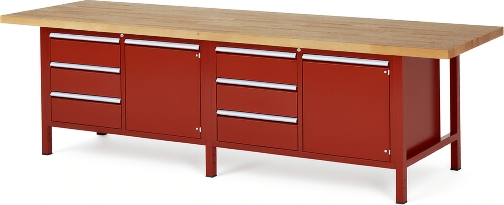 Werkbank Modell 8468 rot, BxTxH 3000x900x840 mm,  Buche-Massiv Arbeitsplatte 40 mm,  6 Schubladen mit  Vollauszug 100 % und  SoftClosing