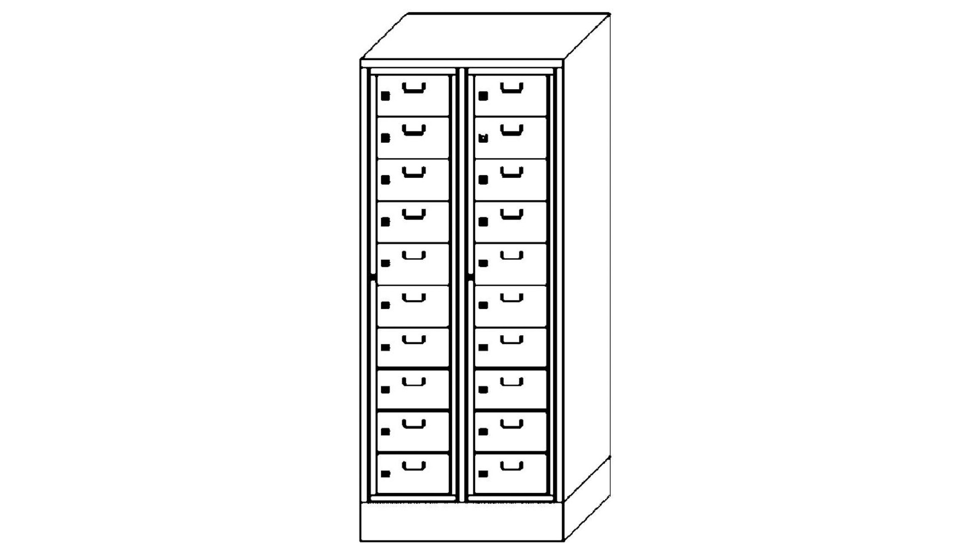 Wäscheschrank / Wäscheverteilschrank - 20 Fächer a 315 mm - 1.850x770x500 mm (HxBxT) - Sockel - Zylinderschloss - lichtgrau/enzianblau