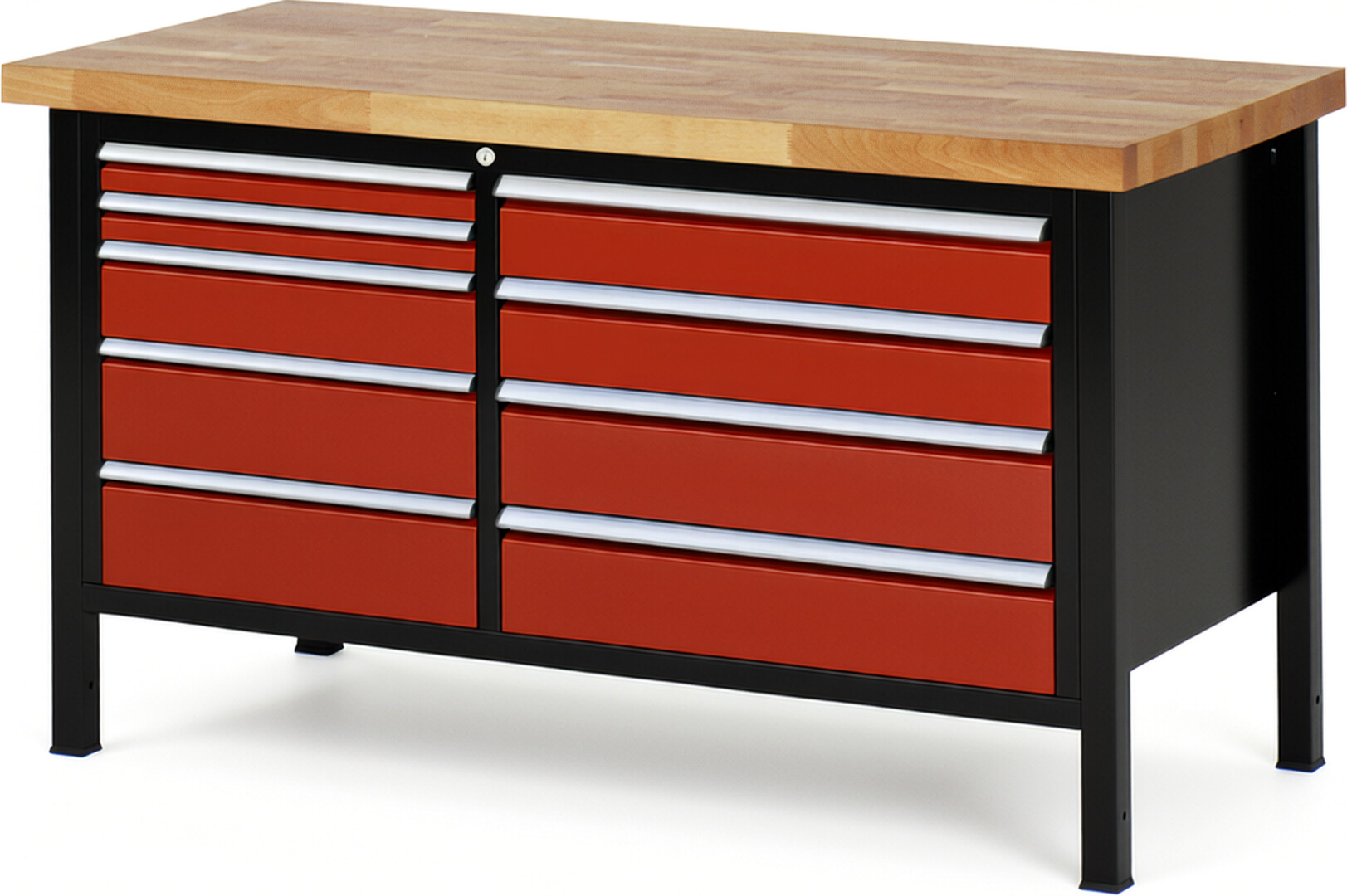 Werkbank Modell 8655 schwarz-rot, BxTxH 1500x700x840 mm,  Buche-Massiv Arbeitsplatte 40 mm,  9 Schubladen mit  Vollauszug 100 % und  SoftClosing