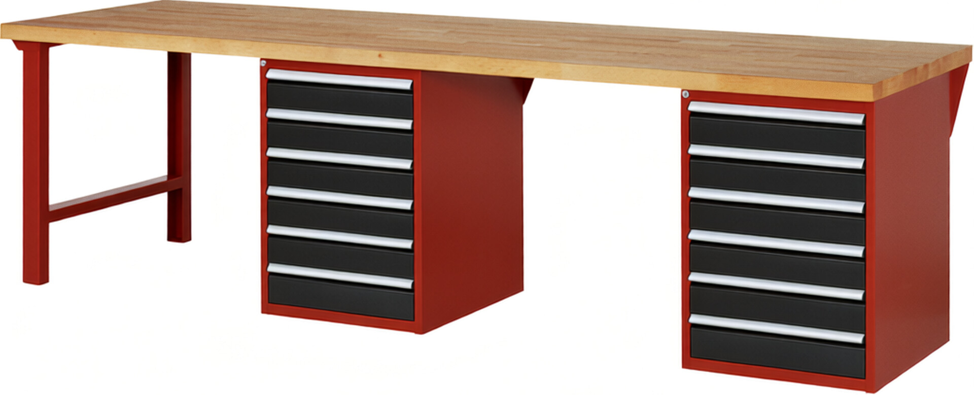Werkbank Modell 7516 rot - schwarz, BxTxH 3000x900x890 mm,  Buche-Massiv Arbeitsplatte 40 mm,  12 Schubladen mit  Auszug 90 %