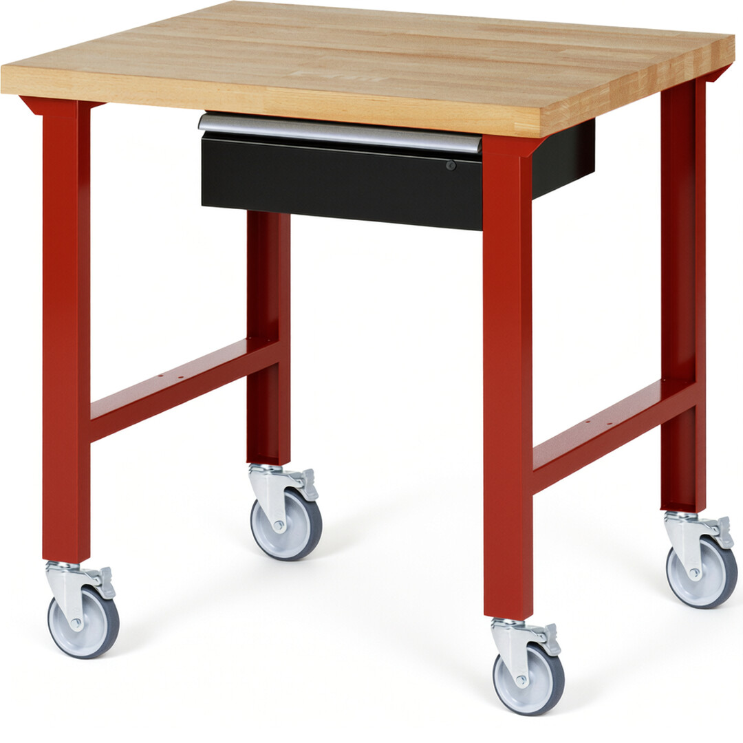 Fahrbare Werkbank Modell 7001 rot - schwarz, BxTxH 1000x900x1000 mm,  Buche-Massiv Arbeitsplatte 40 mm,  1 Schublade mit  Auszug 90 %