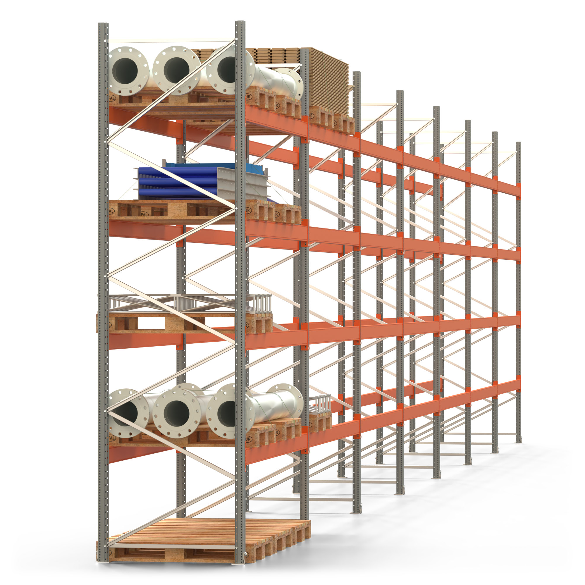 Palettenregal ARTUS - Breite 1958 cm - Höhe 400 cm - Tiefe 110 cm - 4 Träger-Ebenen - Fachlast 2325 kg - 105 Palettenstellplätze