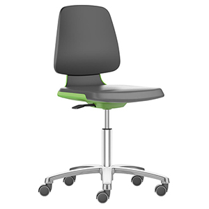 Arbeitsstuhl, Drehstuhl mit Flex-Rückenlehne u. Sitzkante, Sitzschale grün, Sitz Supertec schwarz, Rollen, Sitz Höhe 450-650 mm