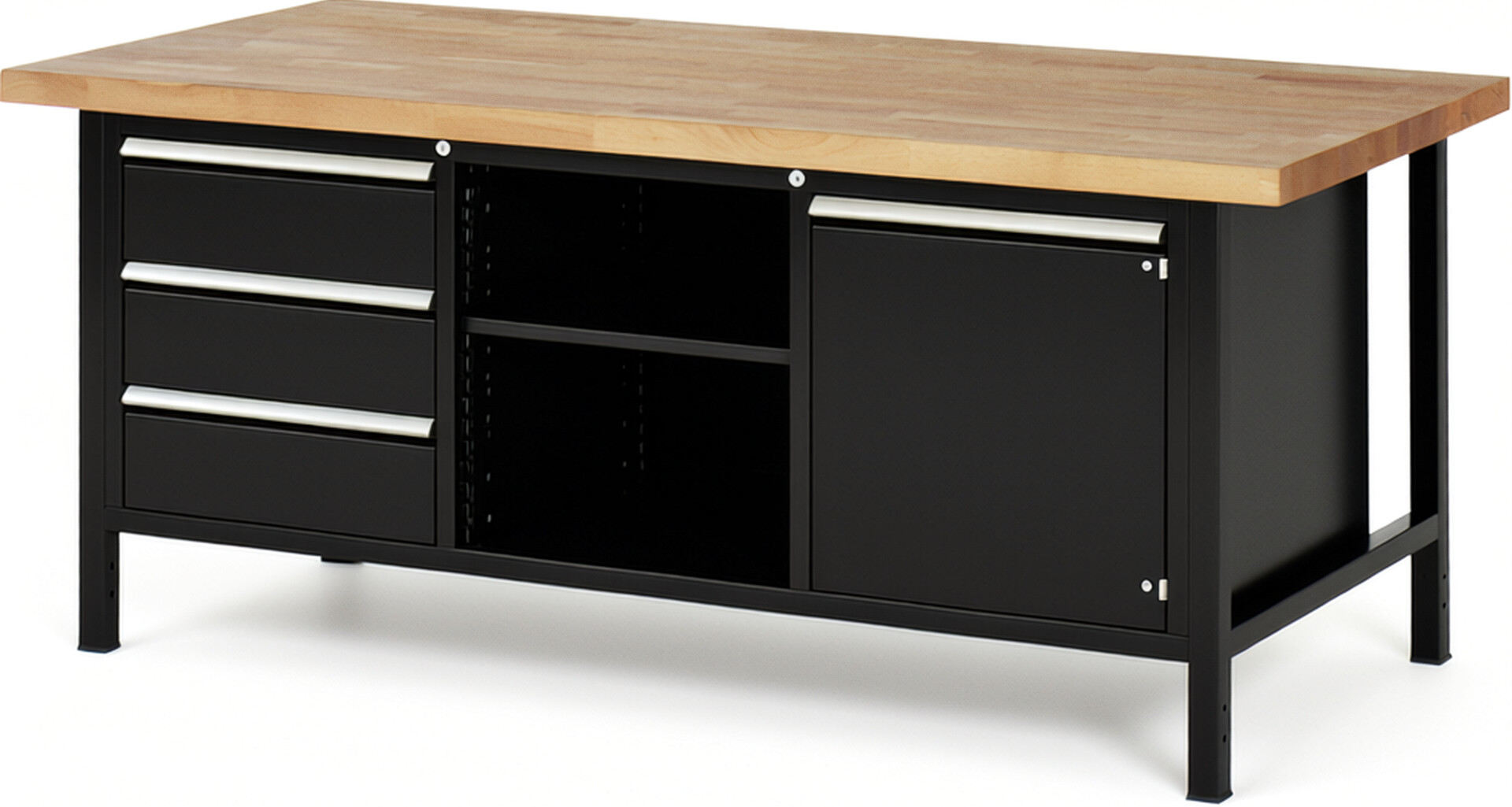Werkbank Modell 8563 schwarz, BxTxH 2000x900x840-1040 mm,  Buche-Massiv Arbeitsplatte 40 mm,  3 Schubladen mit  Auszug 90 %