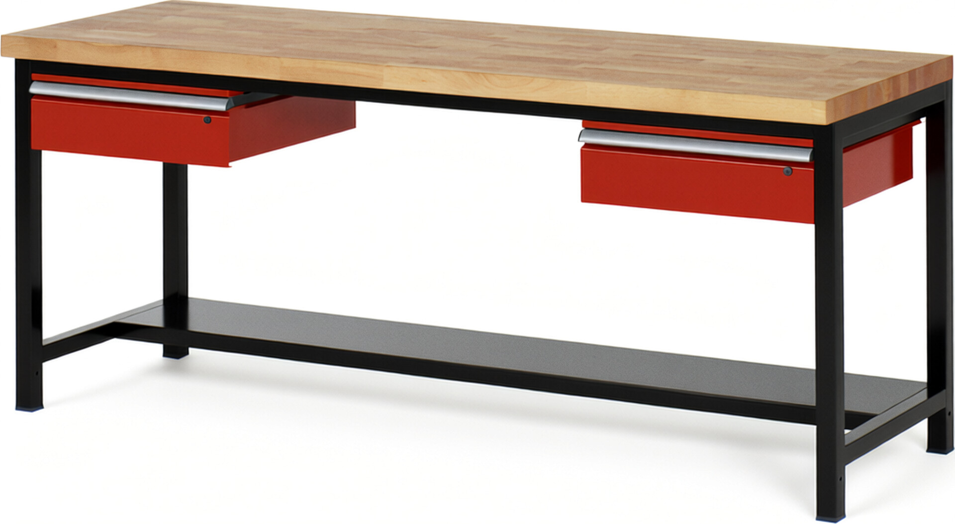 RAU Werkbank schwarz - rot - Breite 200 cm - Tiefe 90 cm - Höhe 104 cm - Buche-Massiv Arbeitsplatte 40 mm