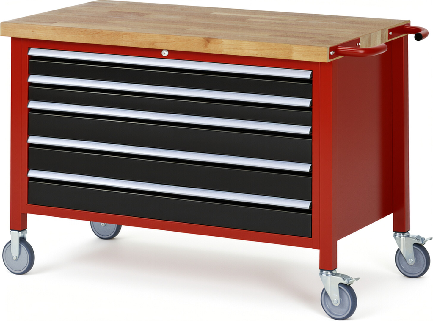 Fahrbare Werkbank Modell 8371 rot - schwarz, BxTxH 1250x700x880 mm,  Buche-Massiv Arbeitsplatte 40 mm,  5 Schubladen mit  Auszug 90 %