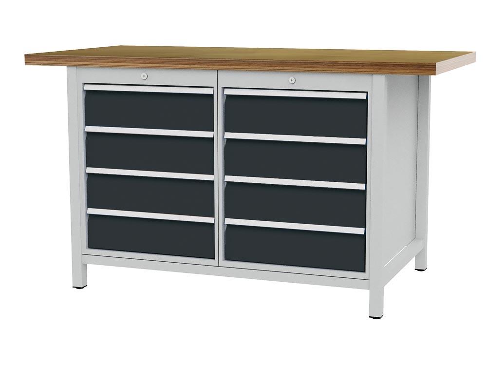 Werkbank, Platte Buche Multiplex 40 mm, BxTxH 1500x750x959 mm, 8 Schubladen: li 4x150 / re 4x150 mm,RAL 7035/7016