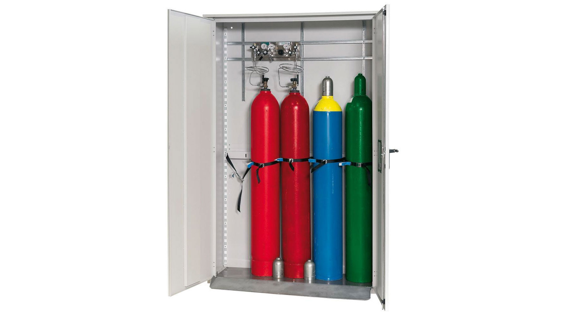 Gasflaschenschrank, Druckgasflaschenschrank für Außenbereich, 5 Flaschenplätze, Belüftung, Abschließbar, 2.149 x 1356. x 400 mm (HxBxT), Farbe lichtgrau