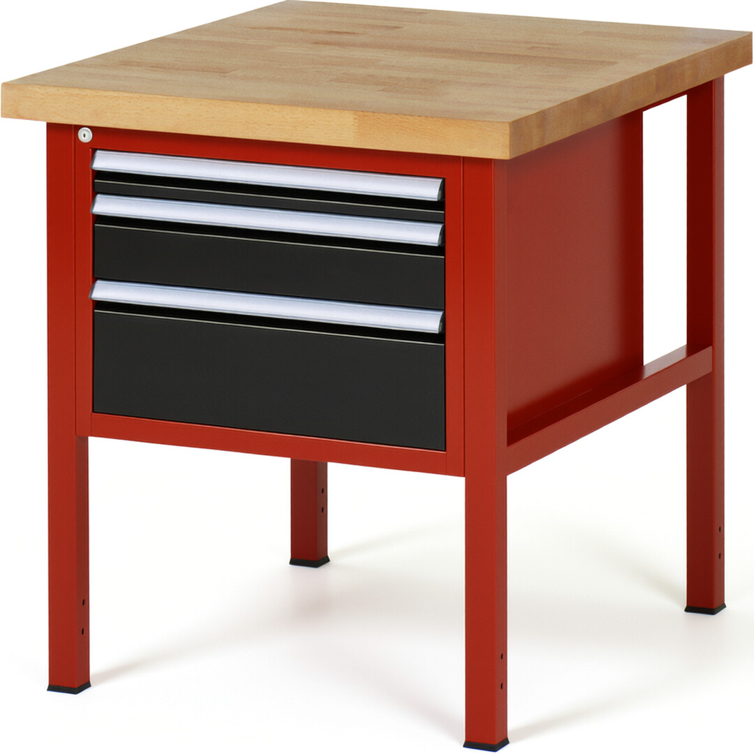 Werkbank Modell 8126 rot - schwarz, BxTxH 750x900x840-1040 mm,  Buche-Massiv Arbeitsplatte 40 mm,  3 Schubladen mit  Vollauszug 100 % und  SoftClosing
